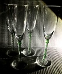 Four Elegant Crystal Champagne Glasses With Green Filigree Stem--Excellent Condition