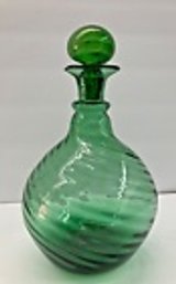 Beautiful And Richly Colored Vintage Green Hand Blown Decanter With Optic Swirl Design--9 Inches High