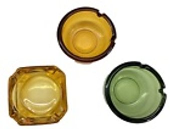 THREE Classic Mid-Century Modern Slotted Glass Ashtrays--Gold & Green--3.5'