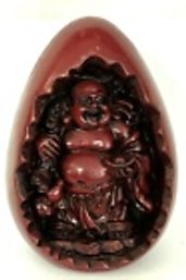 Happy Buddha Carved In Egg Shaped Cinnabar Resin W/Chinese Writing-6 Inches Tall