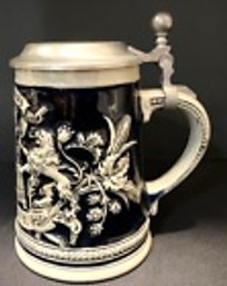 GERMAN BEER STEIN With LID 'HOPFEN U. MALZ GOTT ERHALT'S'-GERZIT--DARK BLUE-5.5'