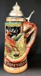 Vintage King German Beer Stein Fox/Hunting--'Jager & Freud Die Grune Heid' --10'