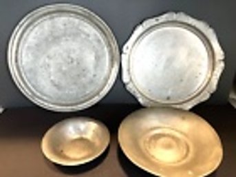 FOUR Antique/Vintage Pewter Plates--Two Marked--Largest Is 12 Inches