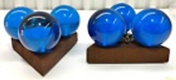 Pair Of Unique Cobalt Blue Art Glass Candle Holders-Three Balls On Triangle Base--5.5'