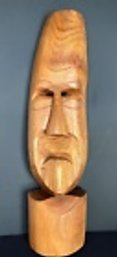 Tall And Narrow Hand Carved Large Mask-Like Tiki Face/Figure On Base--15.5' High X 4' Wide