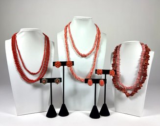 Large Vintage Grouping Of Coral Colored Beaded Necklaces, Bracelets & Earrings