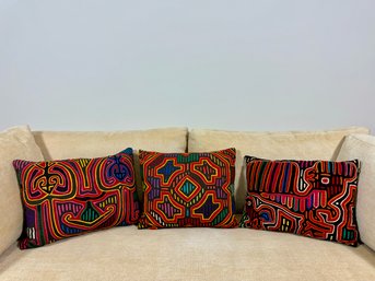 (3) Vintage Hand-Stitched Mola Throw Pillows
