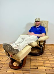 Cream Leather Lounge Chair & Storage Ottoman