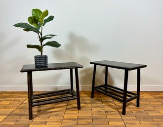 Pair Of Black Lacquered Bamboo Side Tables