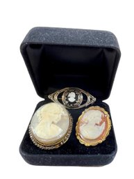 (3) Antique Cameo Pins - Sterling Silver (.925) & .800(18k) Gold