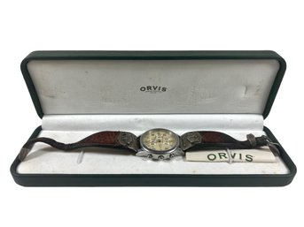 Rare Orvis Sterling Silver Bison & Leather Banded Chronograph Watch