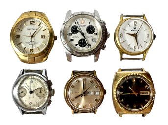 (6) Wrist Watches (No Bands) - Includes Waltham, Seiko, Wegner, Timex Monarch & Ernest Borel Co.