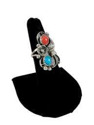 A Handmade Sterling Silver (.925) Turquoise & Coral Navajo Ring