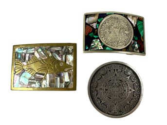 (3) Mexican Belt Buckles - Lot Includes A Sterling Silver & Abalone Buckle