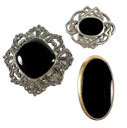 (3) Onyx Brooches (2 Sterling Silver (.925) & 1 GF)