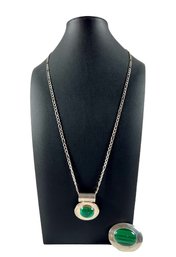 Taxco Signed Sterling Silver (.925) & Malachite Necklace &  Pin (Signed Z. Otero)