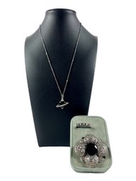 A Sterling Silver (.925) & Onyx Necklace, Ring & Brooch/Pin