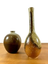 (1) Mid-Century Japanese Pottery Vase & (1) Signed Stoneware Pottery