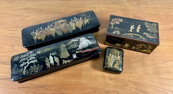 A Grouping Of (4) Lacquerware Boxes - Hand Painted