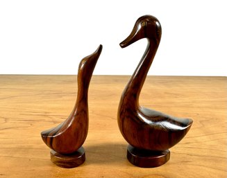 A Pair Of Mother & Child Carved Birds