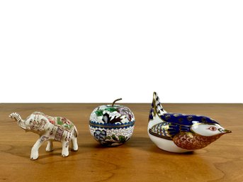 Small Grouping Of Decorated Pieces - Porcelain Bird, Elephant & Cloisonne Apple