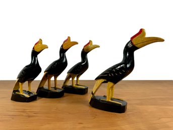 (4) Hand-Carved & Painted Hornbill Sculptures - Borneo