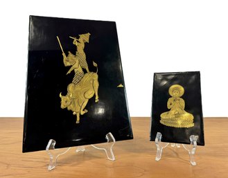 A Pair Of Gold Leaf Artworks On Lacquered Board - Indonesia