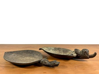 Group Of (2) Carved Bowls - Animal Figure Handles - Borneo