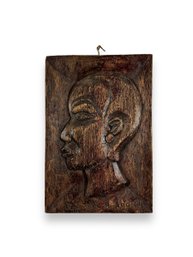 Signed Wood Carved Plaque - Male Figure - Inscribed M. Aggrey June 1985