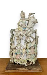 A Wood Carved Sculpture - Figures Holding & Riding A Horse - Burma