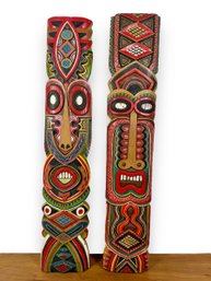 A Pair Of Colorful Wood Carved Tiki