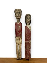 A Pair Of Wood Carved Folk Art - Painted Male & Female Figure