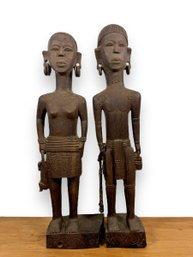 A Pair Of Ironwood Carved Sculptures - Standing Male & Female Figure - Dayak