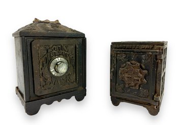 (2) Antique Cast Iron Coin Deposit Bank Safes