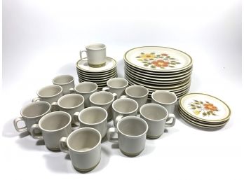1950s Japanese Stoneware Plates, Mugs & Saucers - Wild Flower Pattern