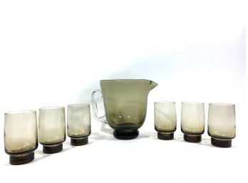 Vintage Smoked Glass Cups And Blown Glass Pitcher