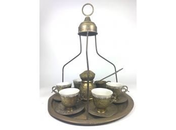 Antique Brass & Porcelain Tea Set - Middle Eastern