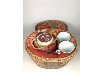 Chinese Porcelain Tea Set & Custom Travel Basket