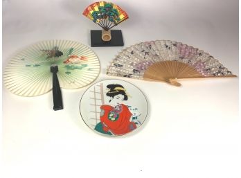 Lot Of Japanese Decor - Decorative Art Plate & Fans