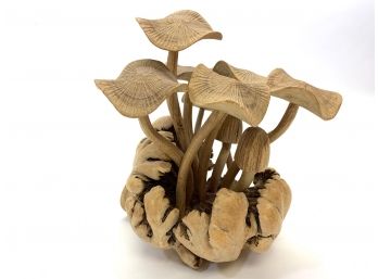 Handcarved Wooden Mushroom Sculpture