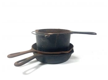 Rare Cast Iron Deep Frying Griswold Pot & 2 Skillets