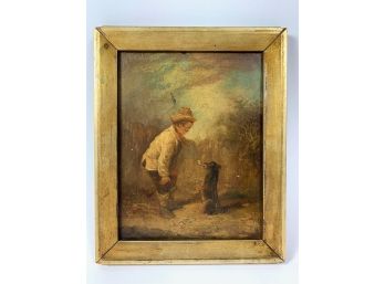 Antique Oil On Board Painting Of A Boy & And His Dog