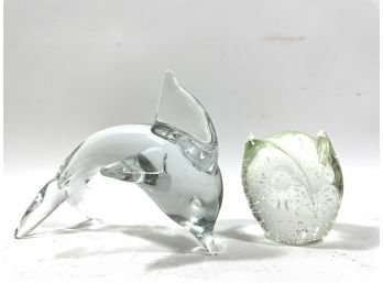 Glass Owl & Dolphin Sculptures