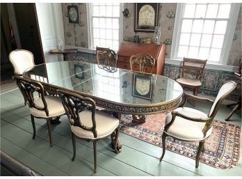 Custom Carved & Gilted Dining Table With Mirror Top & 6 Upholstered Chairs