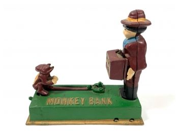 Cast Iron Coin Bank - Monkey Bank -  Antique Reproduction