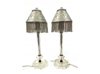 Pair Of Antique Cut Glasses Tin Beaded Table Lamps