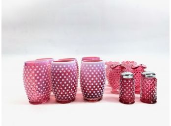 Vintage Fenton Cranberry Hobnail Glasses, Shakers & Vases