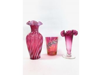 Vintage Cranberry Art Glass Vases - Rainbow & Fenton