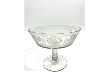 Antique Etched Glass Stemmed Candy Dish - Egrets In Jungle