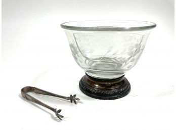 Antique Sterling Silver Etched Glass Bowl & Tongs